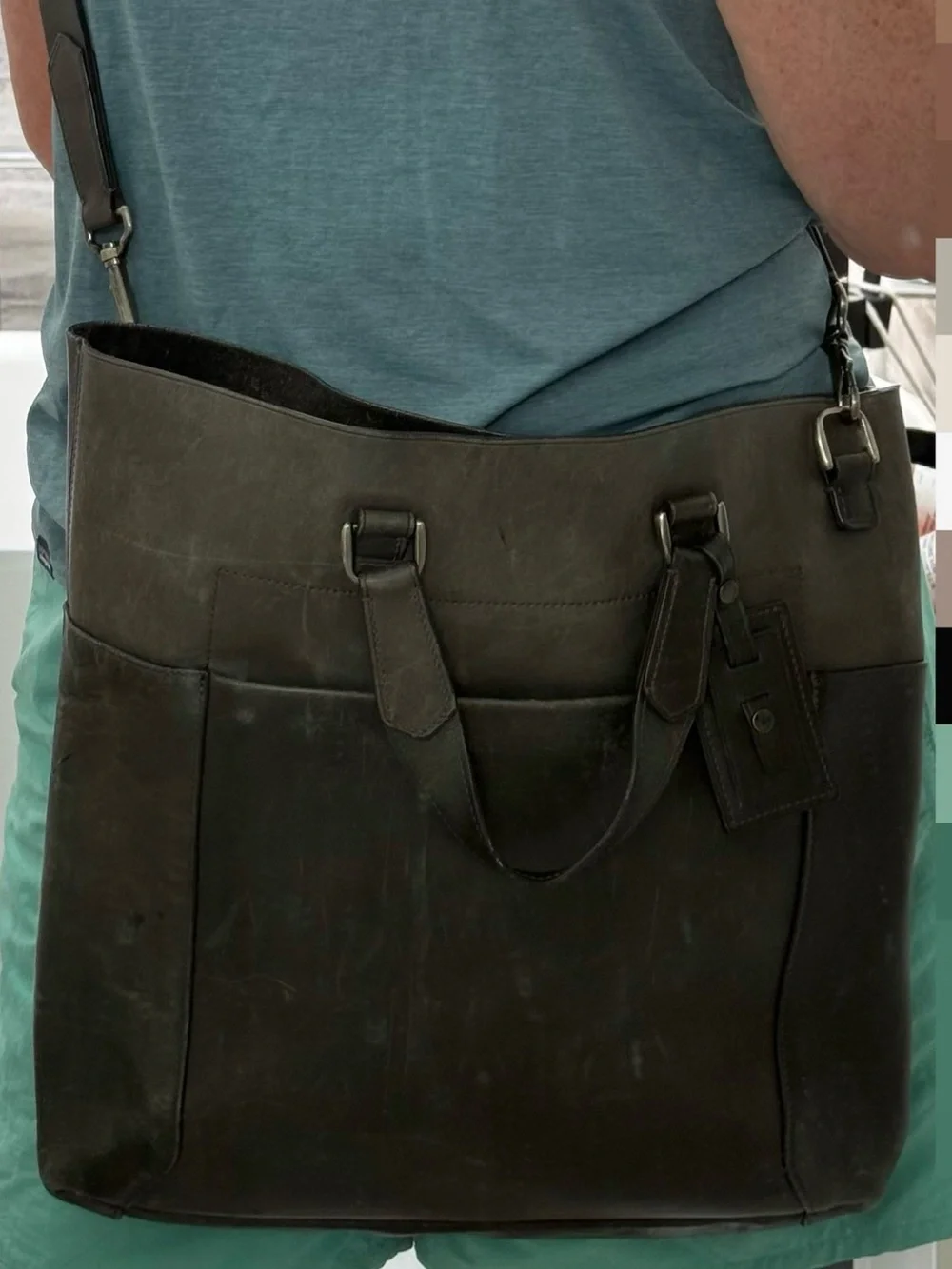 Huge Tumi Gray Leather Cross-body Tote Bag with Adjustable Strap